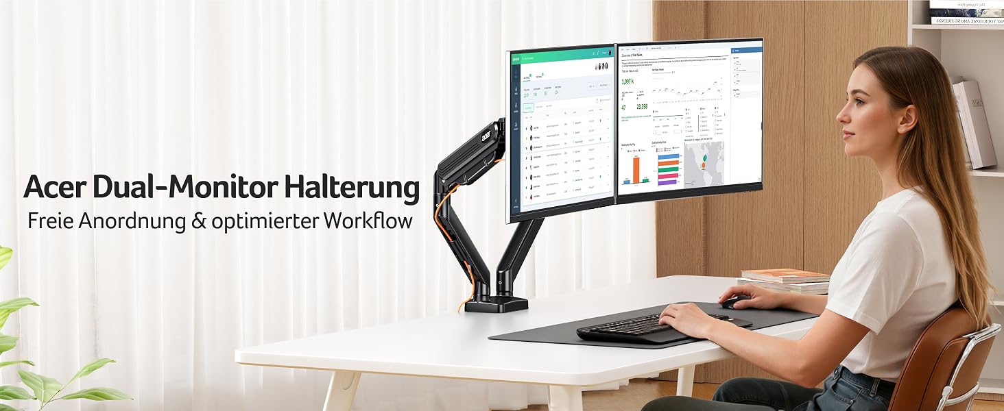 Кронштейн для двох моніторів Acer Dual-Monitor Arm, газліфт для екранів 17-32 дюймів, навантаження 2-9 кг, VESA 75/100 мм, з кабельний-менеджментом
