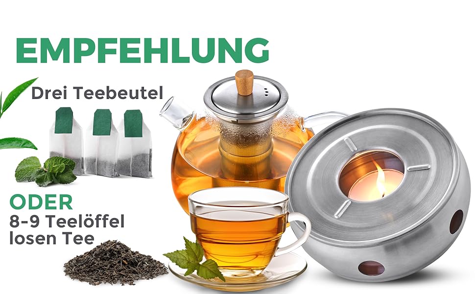 Neighbour's Friend® 1.5 L Glass Teapot for Loose Leaf Tea & Tea Bags - Teapot with Infuser Insert Large Drip-Free - 3-Piece Stainless Steel Infuser with Bamboo Lid Handle - Dishwasher-Safe Glass Teapot (1.5L Teapot with Spout)