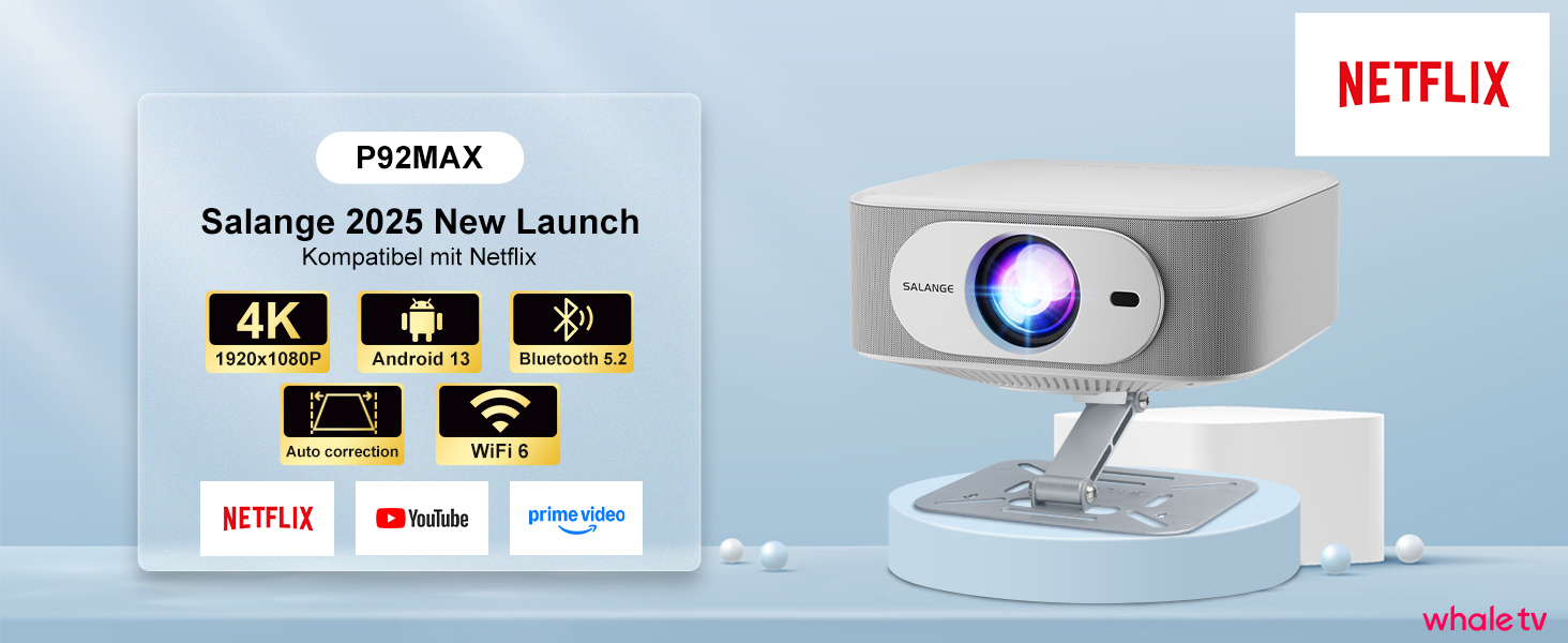 Проектор Salange P92Max ST: 4K, Android 13, WiFi, Bluetooth 5.2, Netflix, YouTube, Prime Video, Автофокус, Корекція траєкторії зображення