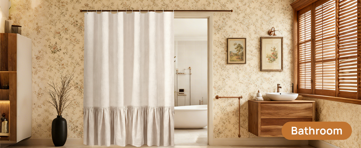 Штора для душу 180x180 см Бежева, Льняна текстура - Водонепроникна, з обтяженим краєм, 12 кілець, для ванної кімнати