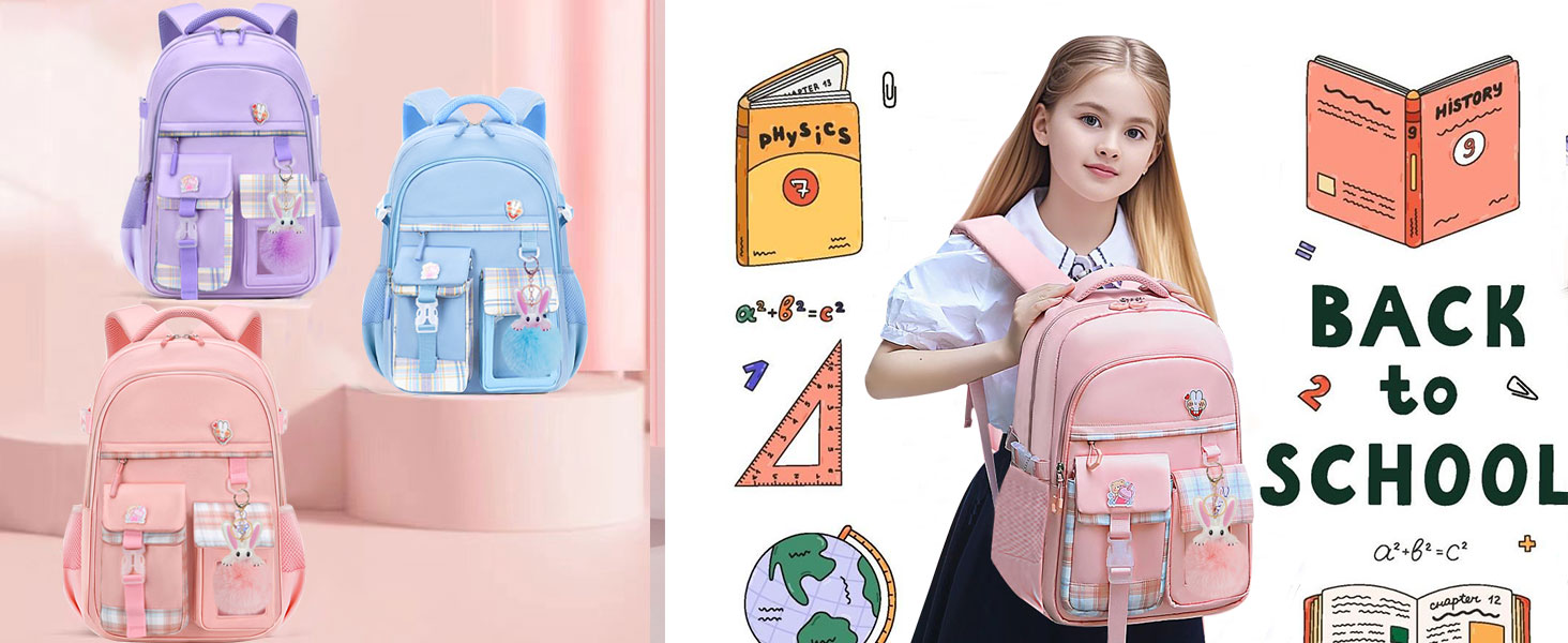 KEBEIXUAN Шкільний рюкзак для дівчаток | Милий рюкзак для початкової школи (1-5 класи) | Дихаючий, водовідштовхуючий рюкзак для дівчаток + ізольована сумка для обіду + пенал, блакитний