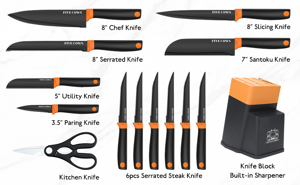 Набір кухонних ножів FIVE COWS з 14 предметів: професійний набір ножів для дому (Оранжевий)