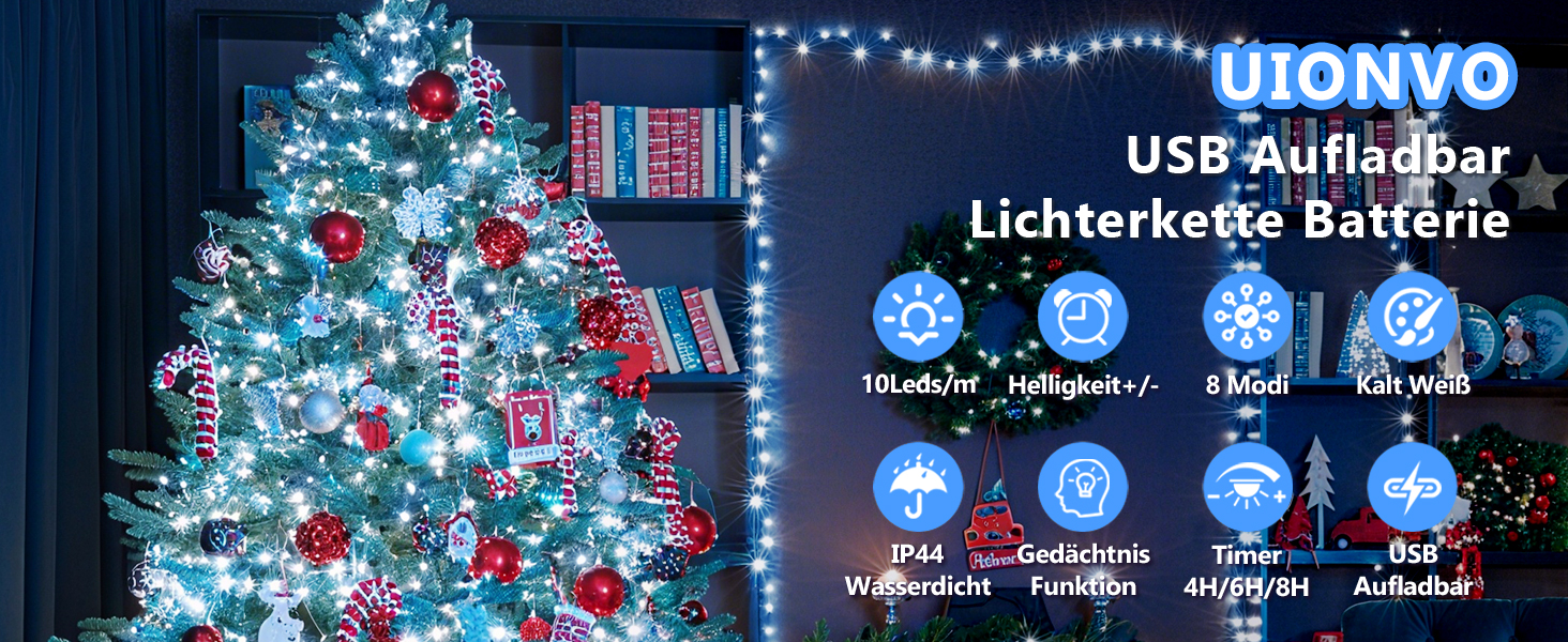 Ланцюжок прикрас LED 10м, 100 світлодіодів, тепле біле світло, з таймером, вологостійкий, для декору на Різдво, весілля, свята, балкона, саду