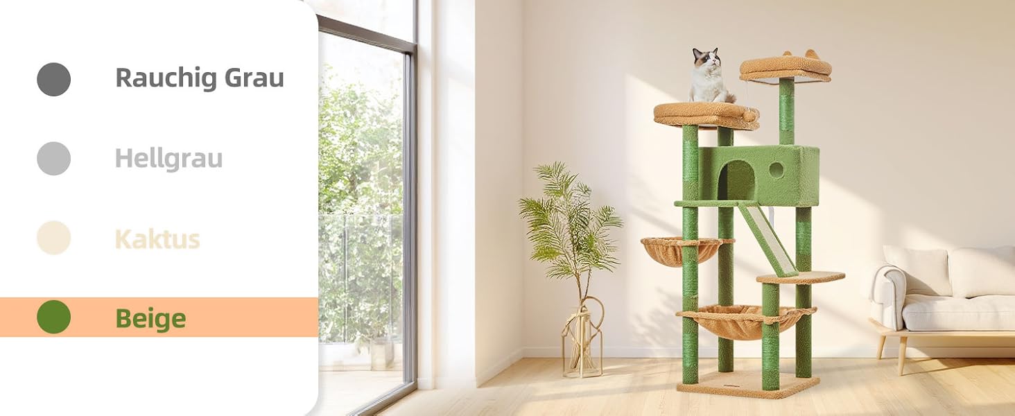 Кігтеточка для котів Taoqimiao MS026W 146 см - велика, стабільна, з 2 будиночками, гамаком, корзиною та 8 кігтеточками (світло-сірий)