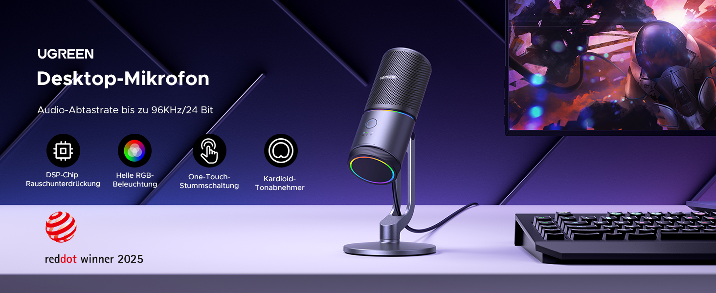 Мікрофон UGREEN для геймінгу та стрімінгу з RGB підсвічуванням USB, 24bit/96kHz, для ПК, PS5/PS4, запису, ноутбука