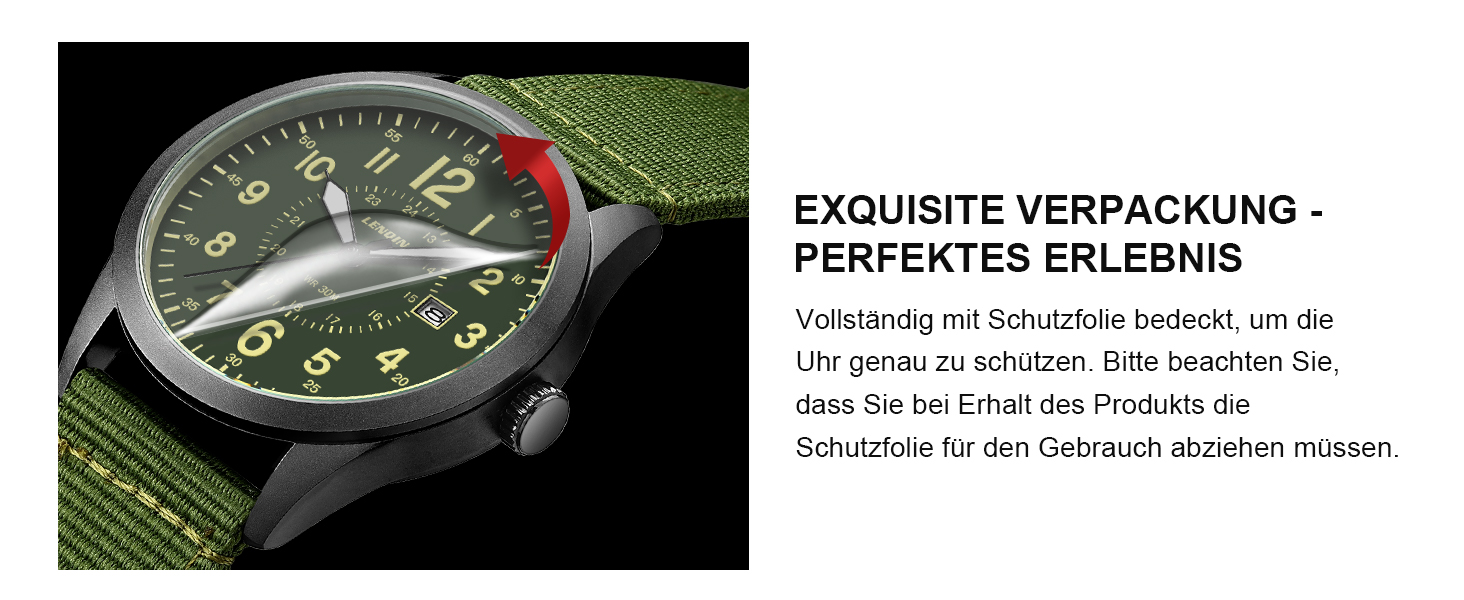 Годинник чоловічий LN LENQIN Military 30M водонепроникні годинники з датою, кварцові, тактичні, з нейлоновим ремінцем (зелено-чорний)