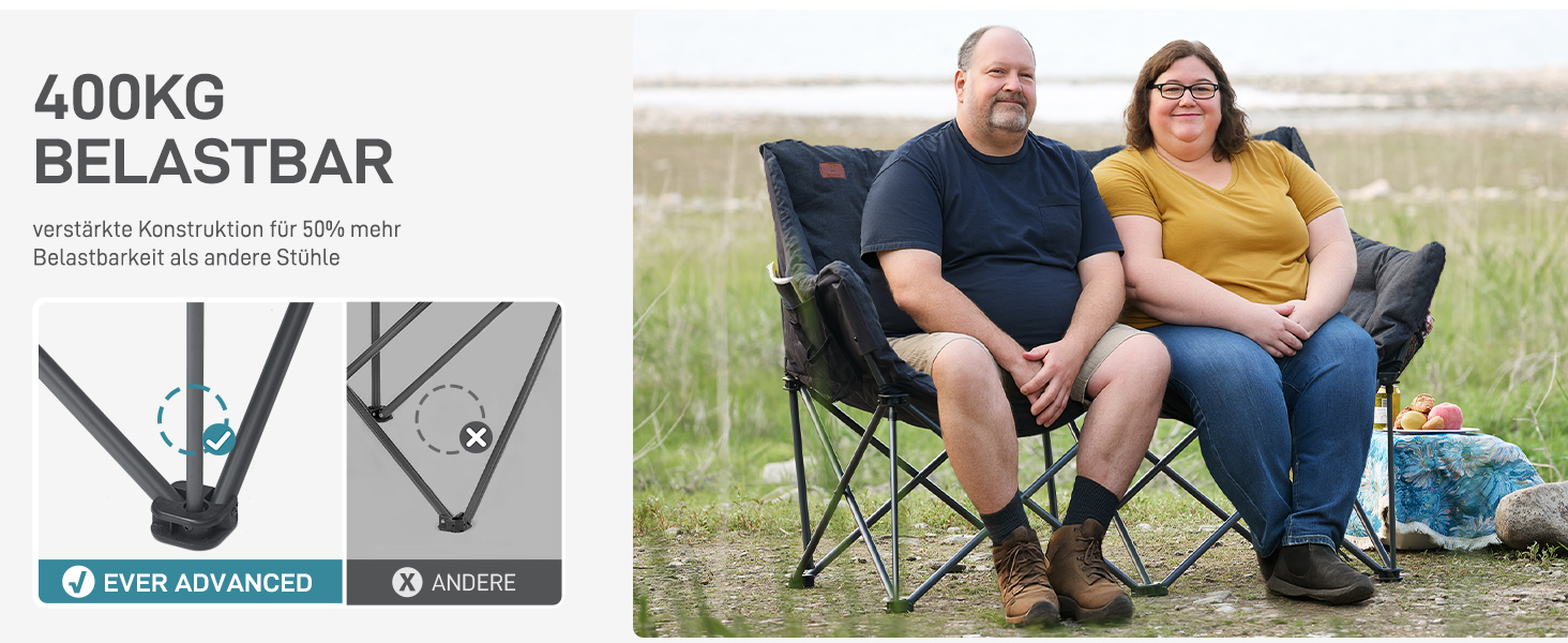 Кампінговий стілець-ліжко EVER ADVANCED для двох осіб, 145 см, сірий, до 400 кг, з високою спинкою, для саду, балкону, кемпінгу