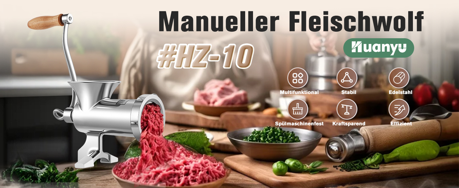 М'ясорубка ручна Huanyu з нержавіючої сталі, насадки для ковбас та печива, миється в посудомийній машині (№8, №10)