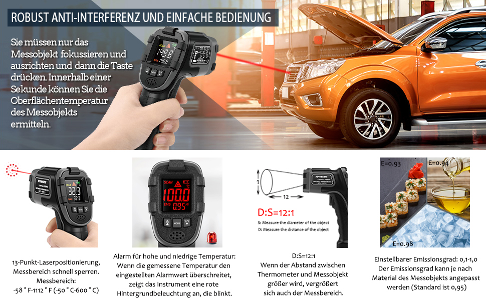 Інфрачервоний термометр SOVARCATE: точний безконтактний вимірювач температури -32°C до 600°C, регулювання коефіцієнта випромінювання, функція тривоги, LCD дисплей, лазерний цілик