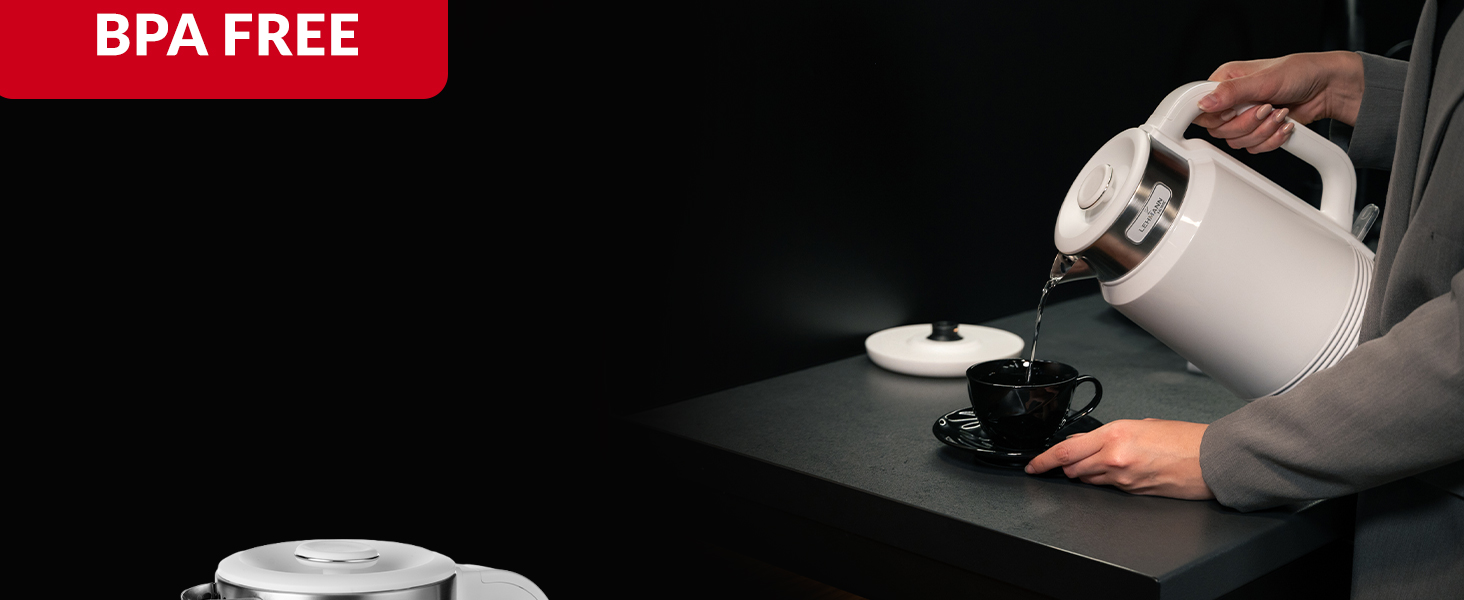 Електричний чайник LEHMANN з нержавіючої сталі 2L, 2200W, швидкий нагрів, подвійні стінки, автовимкнення та захист від перегріву, BPA-free, для великих сімей та офісів, білий