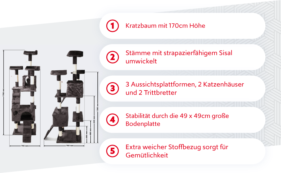 Драбина для котів Wiltec сірого кольору з сизалю, 170 см, з оглядовими платформами та будиночками
