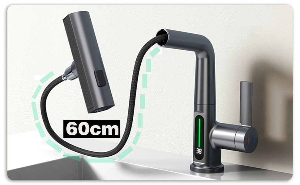 Чорний кухонний змішувач з висувною лійкою, 3 режими, LED-індикатор температури, поворотний на 360°, для високого тиску, регульована висота