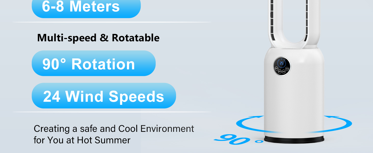 Безлопатий вентилятор з дистанційним керуванням, тихий, з LED-дисплеєм, 90° гойдання, 24 швидкості, 12H таймер, підлоговий вентилятор для дому (білий)