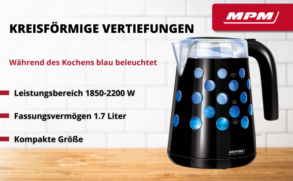 Електричний чайник MPM MCZ-85/G1, 1.7 л, без BPA, бездротовий, 360° обертання, антинакипний фільтр, автовимкнення, чорний, 2200W