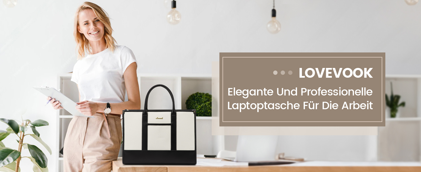 Сумка для ноутбука LOVEVOOK жіноча водонепроникна для роботи, університету (17 дюймів, чорно-бежева). Бізнес-сумка, портфель, сумка для вчителя зі шкіри.