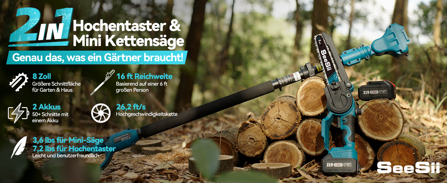 Акумуляторна міні-пила SEESII 8000mAh, 6 дюймів, з автоматичною змащенням та запасним ланцюгом. Ідеальна для стрижки гілок та різання деревини.