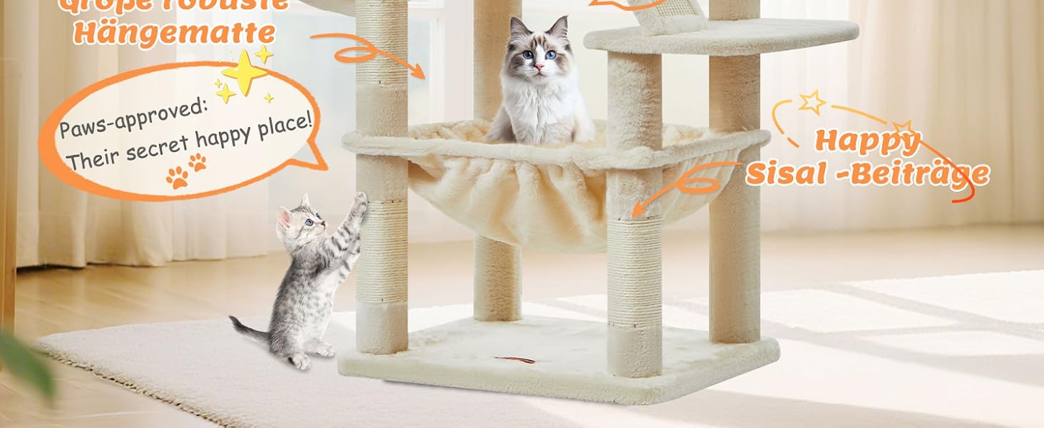 Дерев'яний кігтеточки для котів Taoqimiao MS026W, великий, бежевий (146 см) з 2 будиночками, гамаком та 8 стовпчиками для заточування кігтів