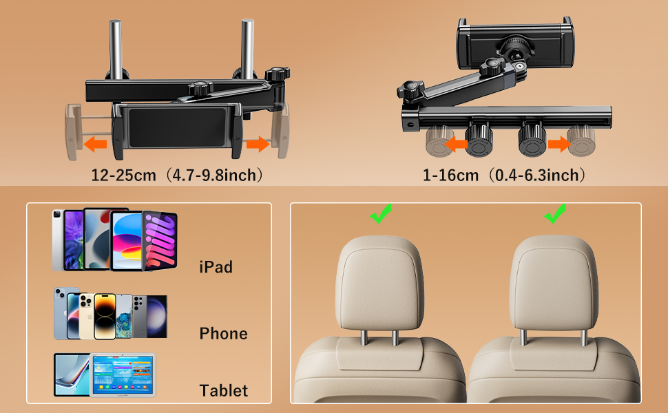 Тримач для планшета в авто, [алюмінієвий довгий кріплення] Тримач для планшету на підголівник авто, [надійно фіксується] Тримач для iPad в авто, чорний, H2