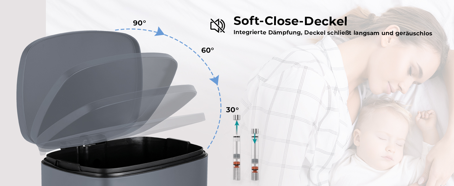 Відро для сміття LIFERUN 30л з кришкою, з м'яким закриттям, сталеве, з внутрішнім відром, для кухні, ванної кімнати, офісу (L-50L, сірий)