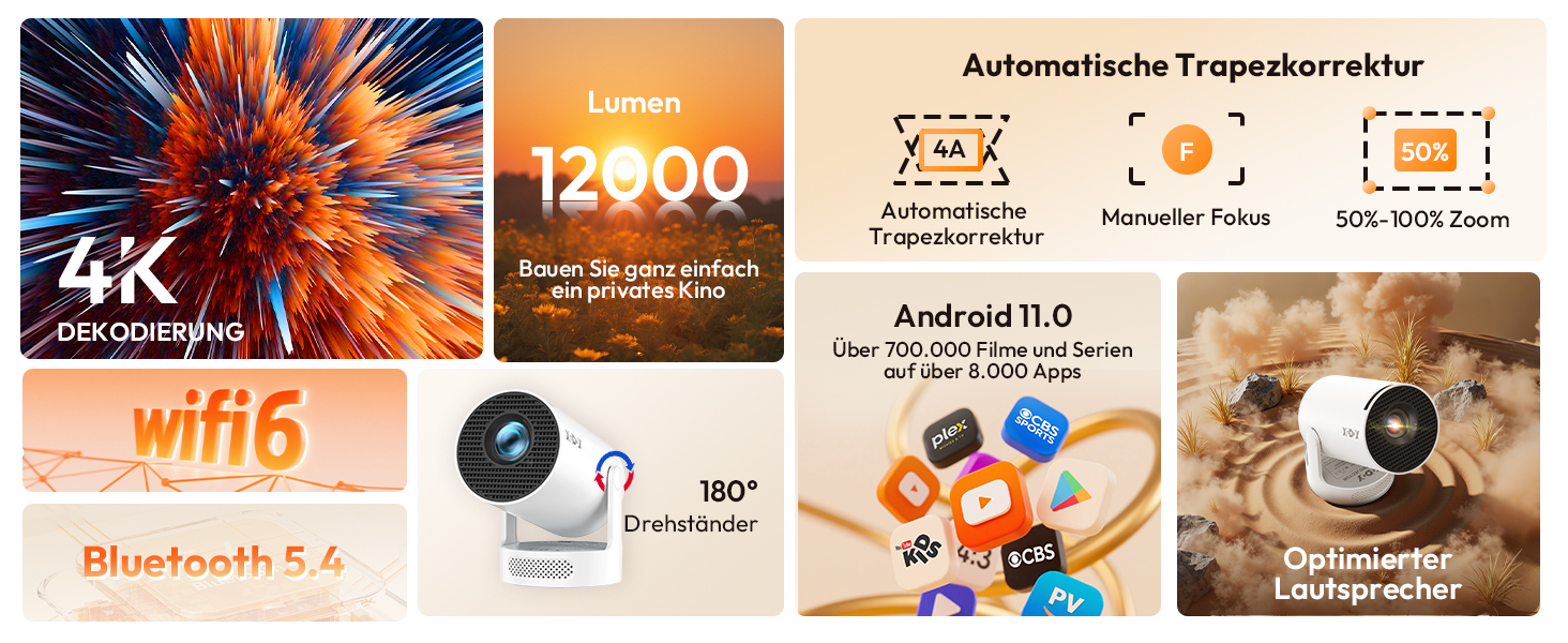 Портативний проєктор Xgody Gimbal 3: 12000 Люмен, Android 11.0, WiFi 6, Bluetooth, 720P HD (підтримка 4K)