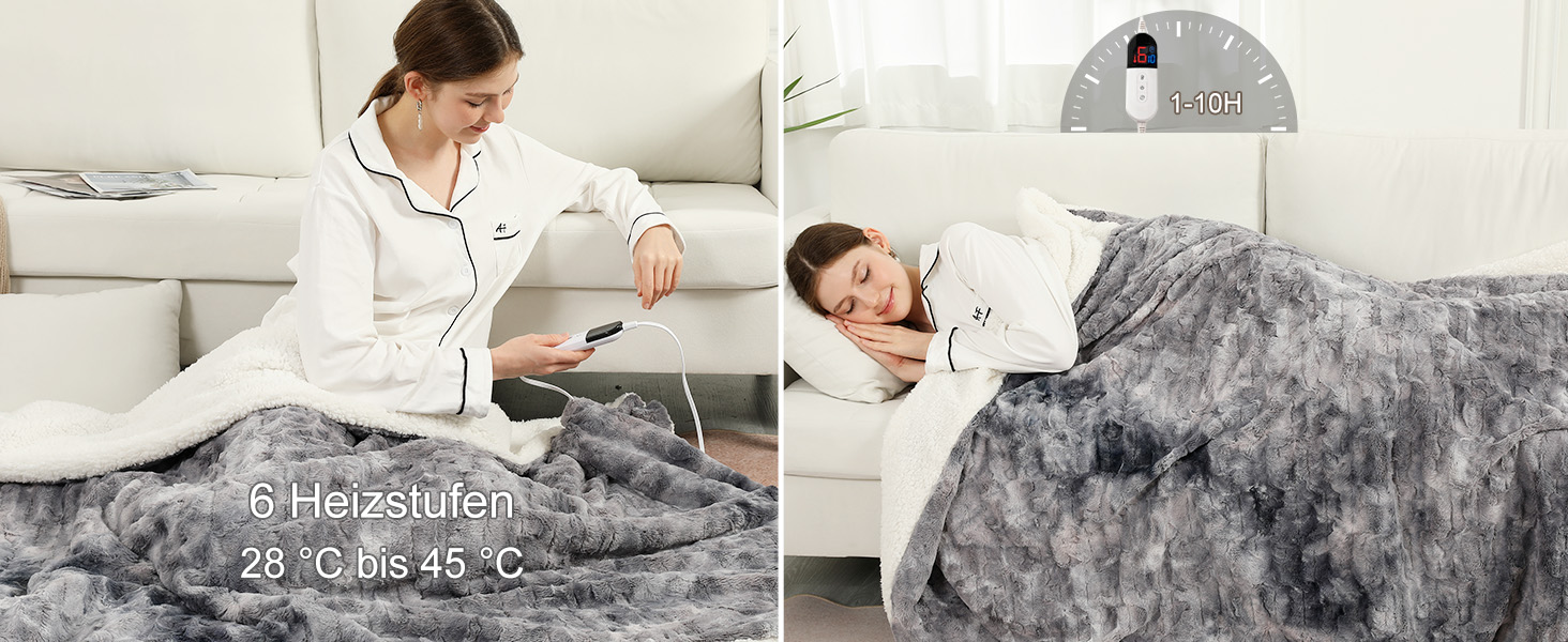 Електрична ковдра COZYTY 150x200 см з автовимкненням – фланель, 6 режимів нагріву, таймер, захист від перегріву, машинне прання (сірий, чорний)