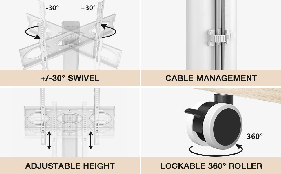 Підставка для телевізора RFIVER на коліщатках, поворотна, для телевізорів 26-65 дюймів, регульована по висоті, до 35 кг, VESA 400x400 мм