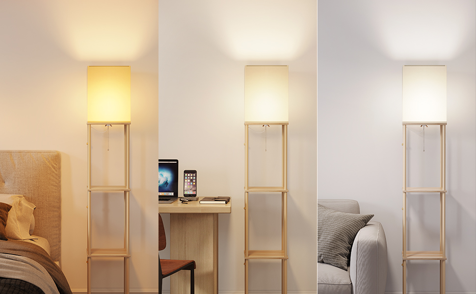 Стельова лампа SUNMORY для вітальні з полицею, регульоване освітлення 3 кольорів, для вітальні, спальні, кабінету та офісу, колір дерева