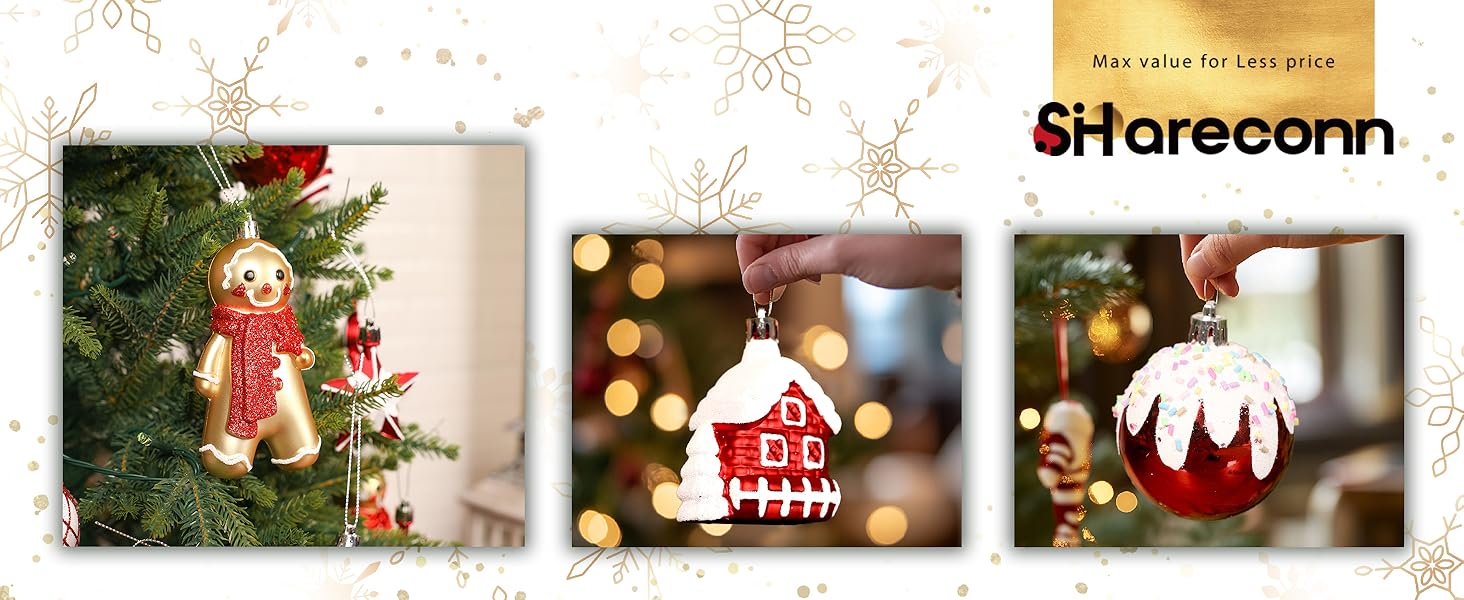 Набір прикрас на ялинку Shareconn 65 шт. - пластикові кулі, міцні, різні розміри та кольори (червоний та білий)