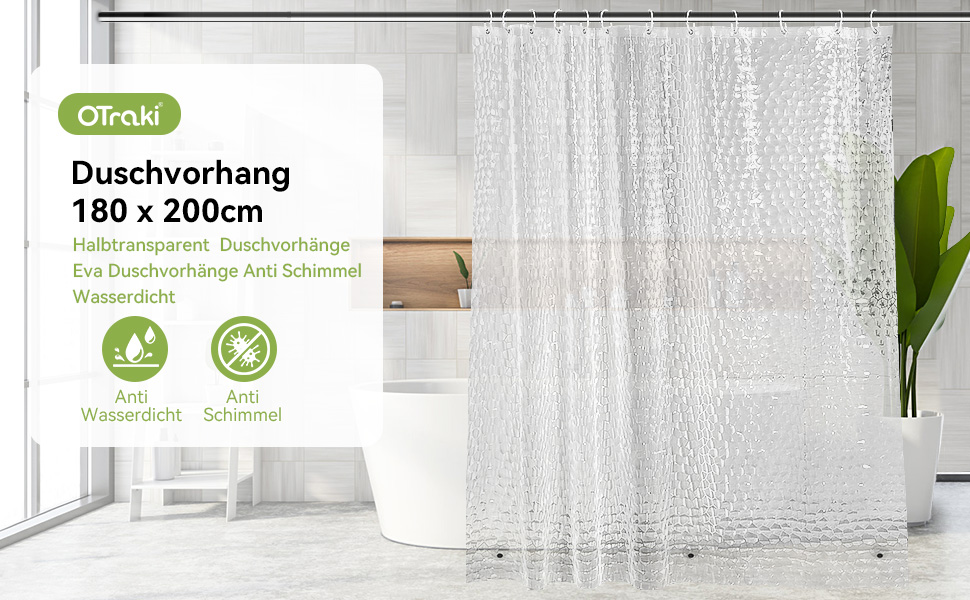Штора для ванної OTraki напівпрозора 180x200 см, антигрибкова, миється, з EVA, водонепроникна 3D штора для душу з 12 кільцями, без ПВХ