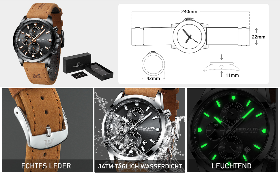 Чоловічий годинник MEGALITH з нержавіючої сталі, хронограф, водонепроникний, великий аналоговий годинник для бізнес-стилю, з календарем та світловим покриттям, коричневий/срібний