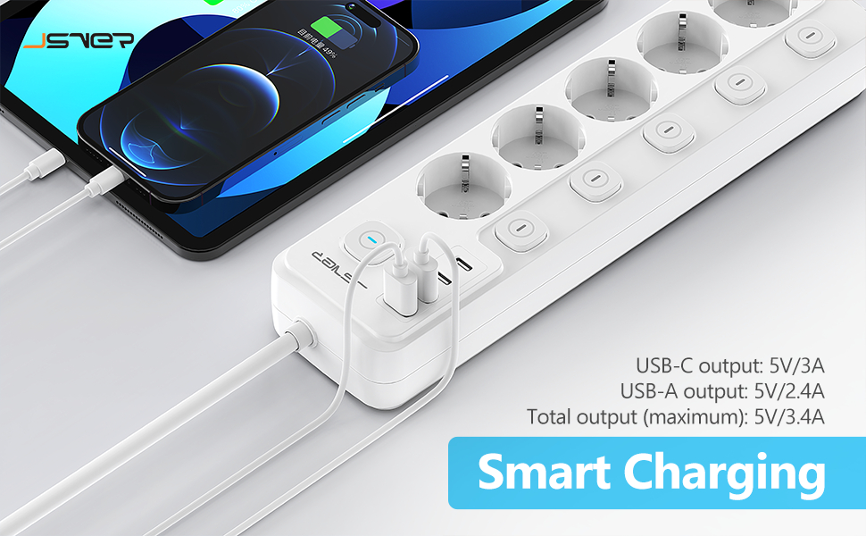 Смуга розеток JSVER на 5 розеток з індивідуальним вимикачем, 2 USB-A та 2 USB-C (17W), 2м кабель живлення для смартфонів та ноутбуків - білий