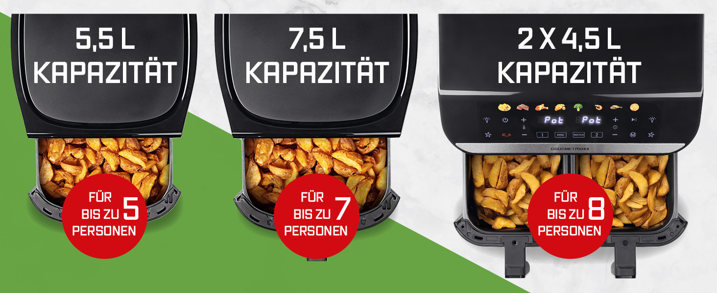 Фритюрниця повітряна Gourmetmaxx AirGenius 9 л з 2 відсіками | 8 програм | Мульти-кухня для 8 осіб | Сенсорний дисплей