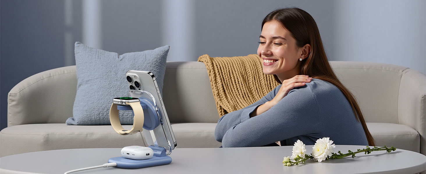 Підставка для зарядки MagSafe 3-в-1 для iPhone 17/16/15/14/13/12 Pro Max/Air/Plus/Pro та Apple Watch 10/9, AirPods 3/2/Pro (блакитна)