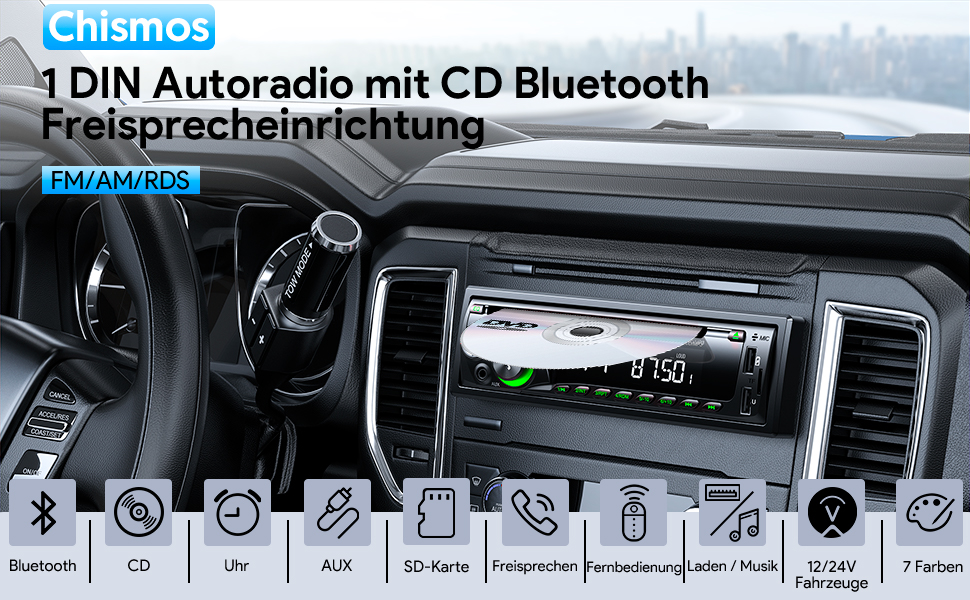 1DIN автомобільна магнітола 9-24V з CD/DVD, Bluetooth, RDS, FM/AM, MP3, 2 USB, SD, AUX, керування з керма, 7 кольорів, зелена