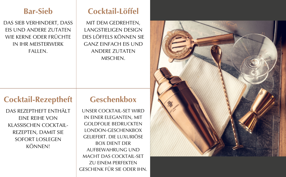 Набір для приготування коктейлів Chelsea Roségold – повний комплект для бармена: шейкер, мадлер, сито, мірний стакан, виливач, ложка, сумка та рецепти. З подарунковою коробкою