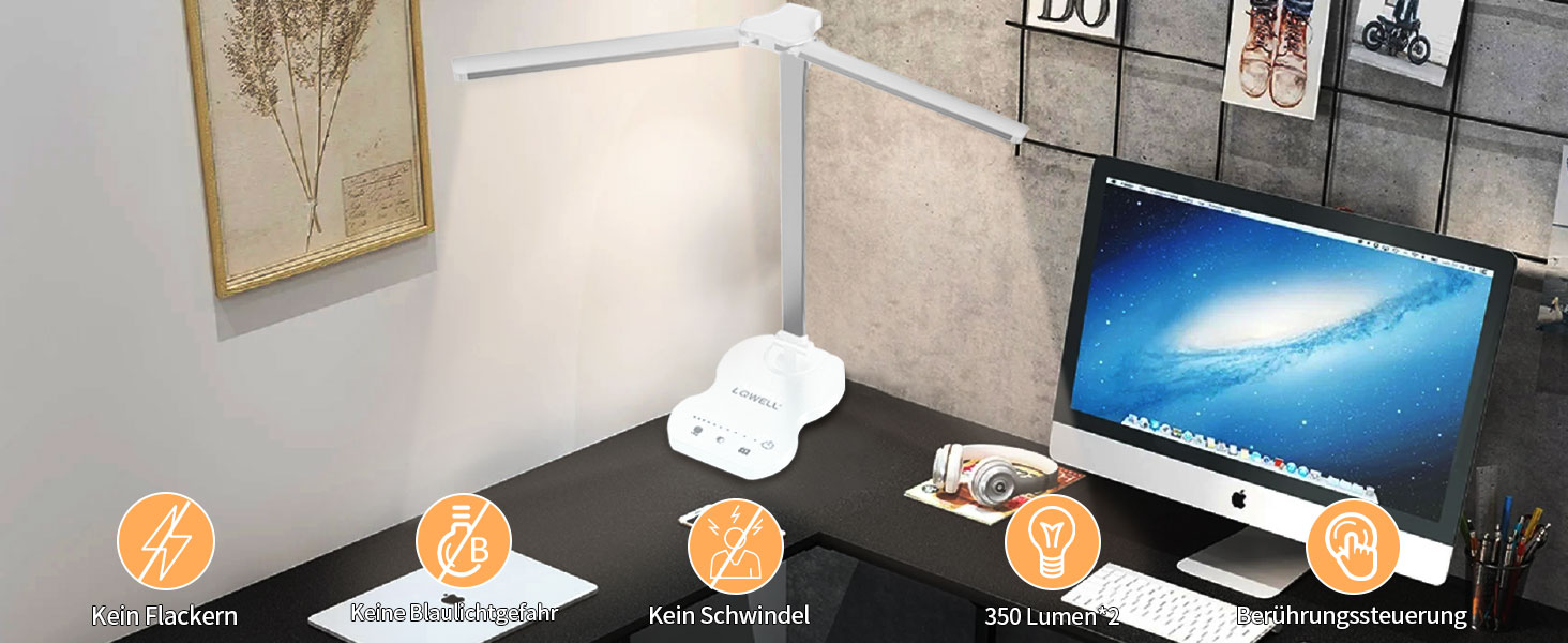 LED лампа настільна LQWELL® QM019 з диммуванням, USB-зарядкою, сенсорним керуванням та пам'яттю для дітей та офісу. 5 кольорів, 10 рівнів яскравості, металевий корпус, для захисту очей.