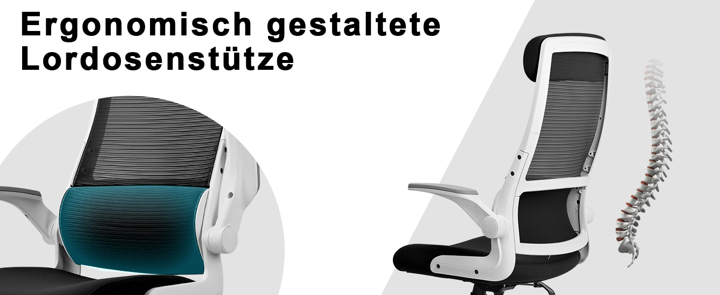 Ергономічне крісло для офісу з регульованою підголівником, крісло для робочого столу з сітки, відкидні підлокітники, широке сидіння, функція гойдання, комп'ютерне крісло EN 1335, офісне крісло 200 кг (чорно-біле)