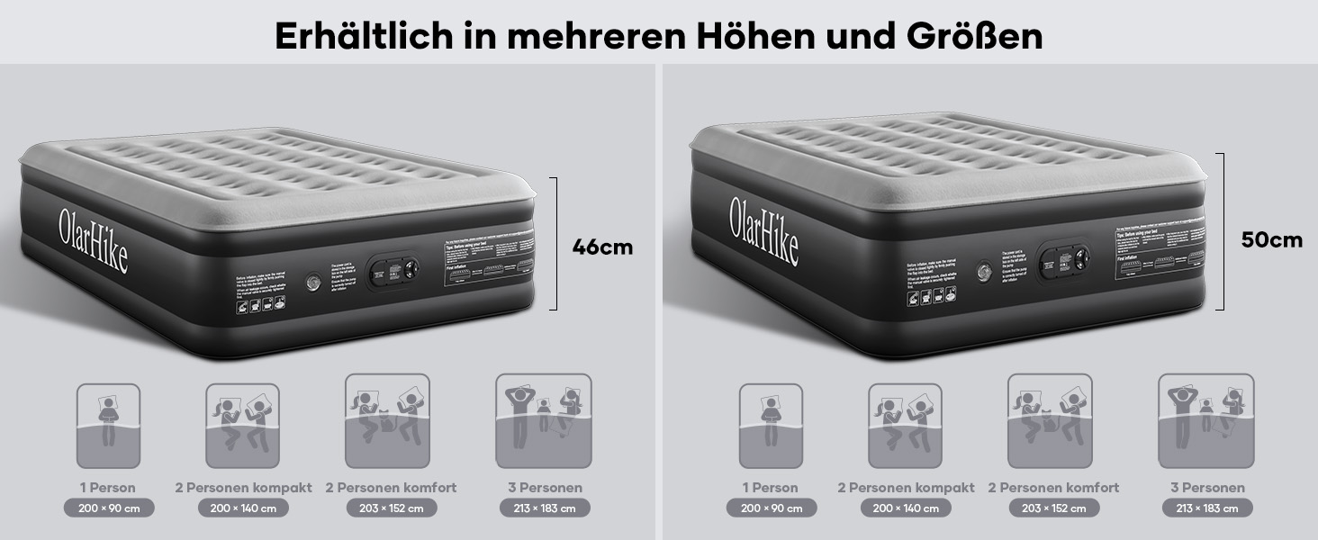 Надувний матрац OlarHike для кемпінгу та дому - 200 x 140 x 46 см, самонадувний, на 2 особи