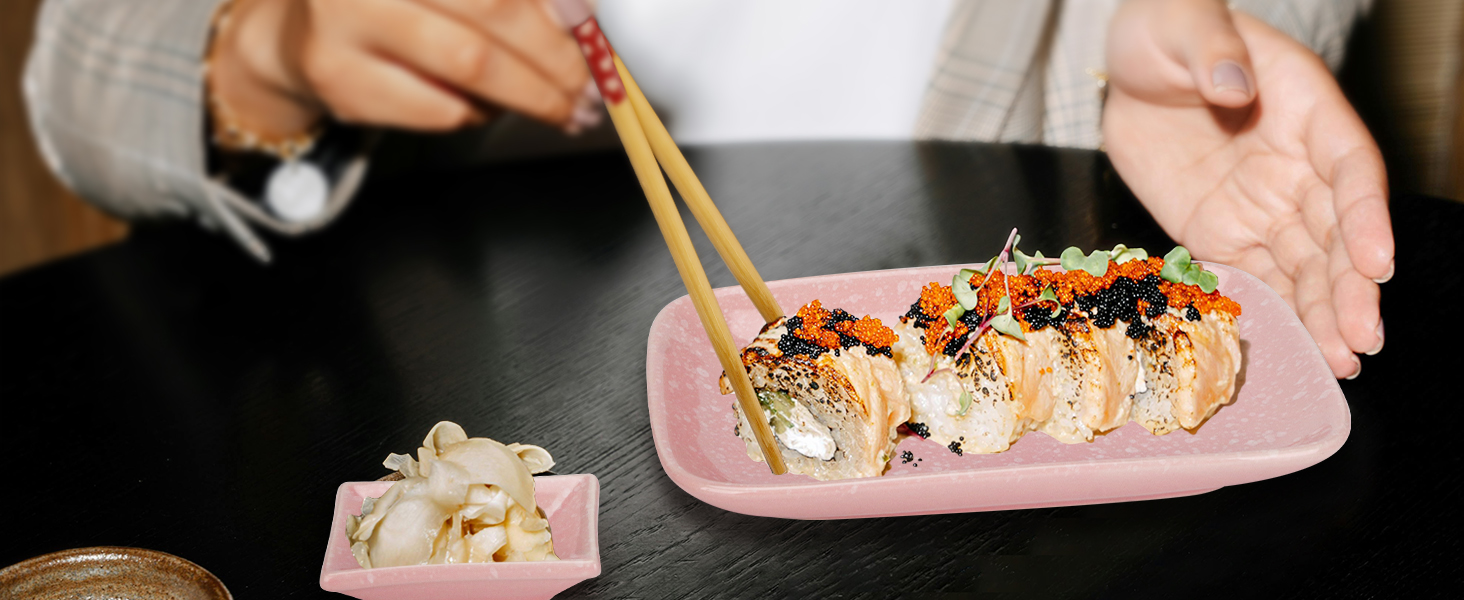 Набір для суші Exzact (10 шт.) – 2 тарілки, 2 миски для соусу, 2 підставки під столові прилади, 2 пари паличок для їжі – високоякісний фарфор, у подарунковій коробці – блакитний колір