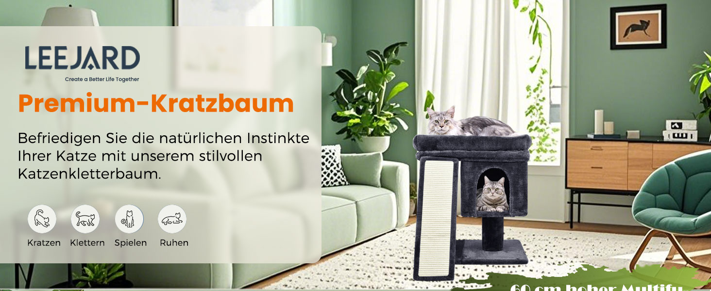 Дряпальня для котів великих порід, 60 см, сірий, з платформою, сизаль, пандус, будиночок, м'ячики, щітка