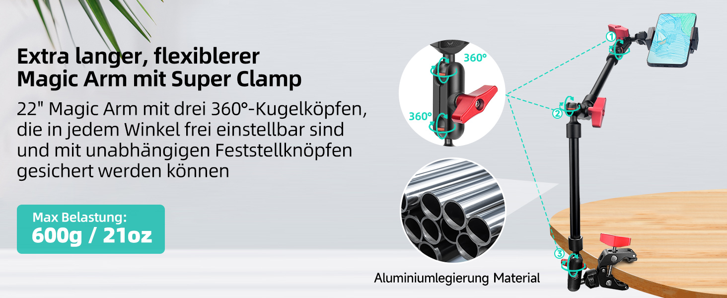 Гнучкий кріплення для камери з супер-зажимом Magic Arm, 56 см, 360° - чорно-червоний