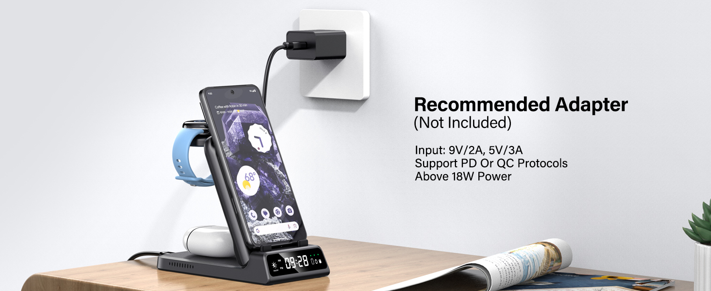 Бездротова зарядна станція 3-в-1 для Google Pixel Watch 3/2, Fitbit Versa 4/3, Sense 2/1, Samsung Galaxy S26 Ultra, iPhone 17 та Pixel Buds Pro 2 - SwanScout 703G2 (Чорний)