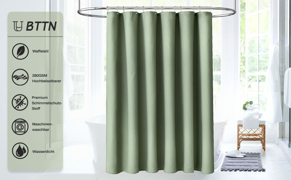 Шторка для душу BTTN вафельна, 180x200 см, антигрибкова, важка, водонепроникна, текстильна, з 12 гачками, зелена