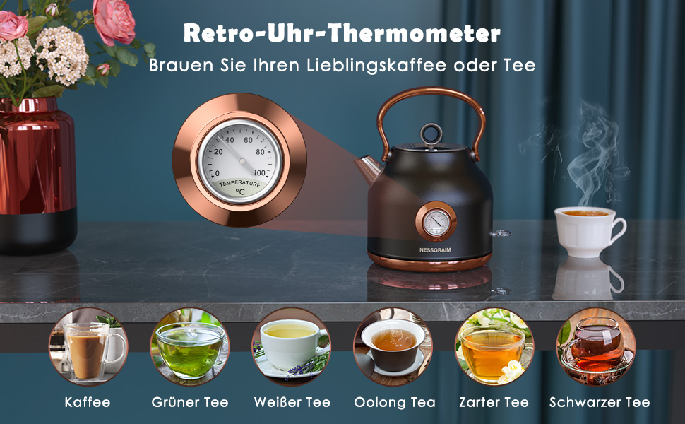Чайник електричний NESSGRAIM Retro, 1.7л, чорний, з LED-індикатором та великим термометром