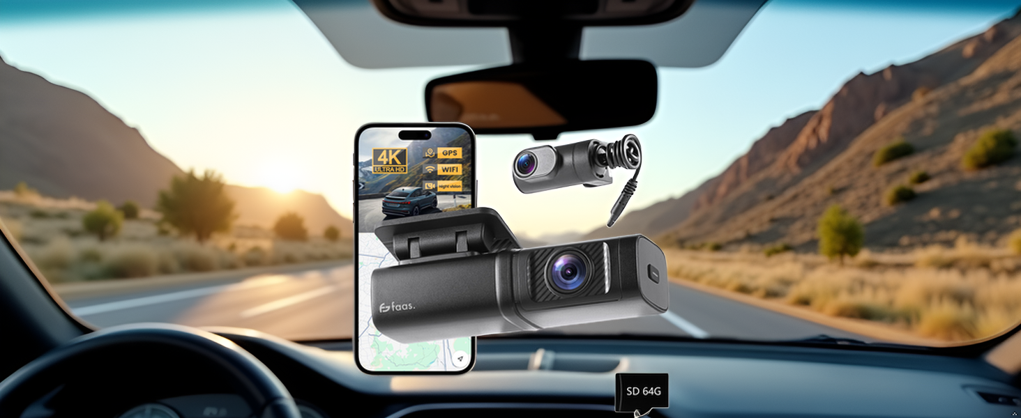 Відеореєстратор Faas Dashcam Auto Vorne & Hinten: 4K Dual, 64GB MicroSD, G-сенсор, час затримки, нічне бачення, режим паркування, циклічна запис – Чорний