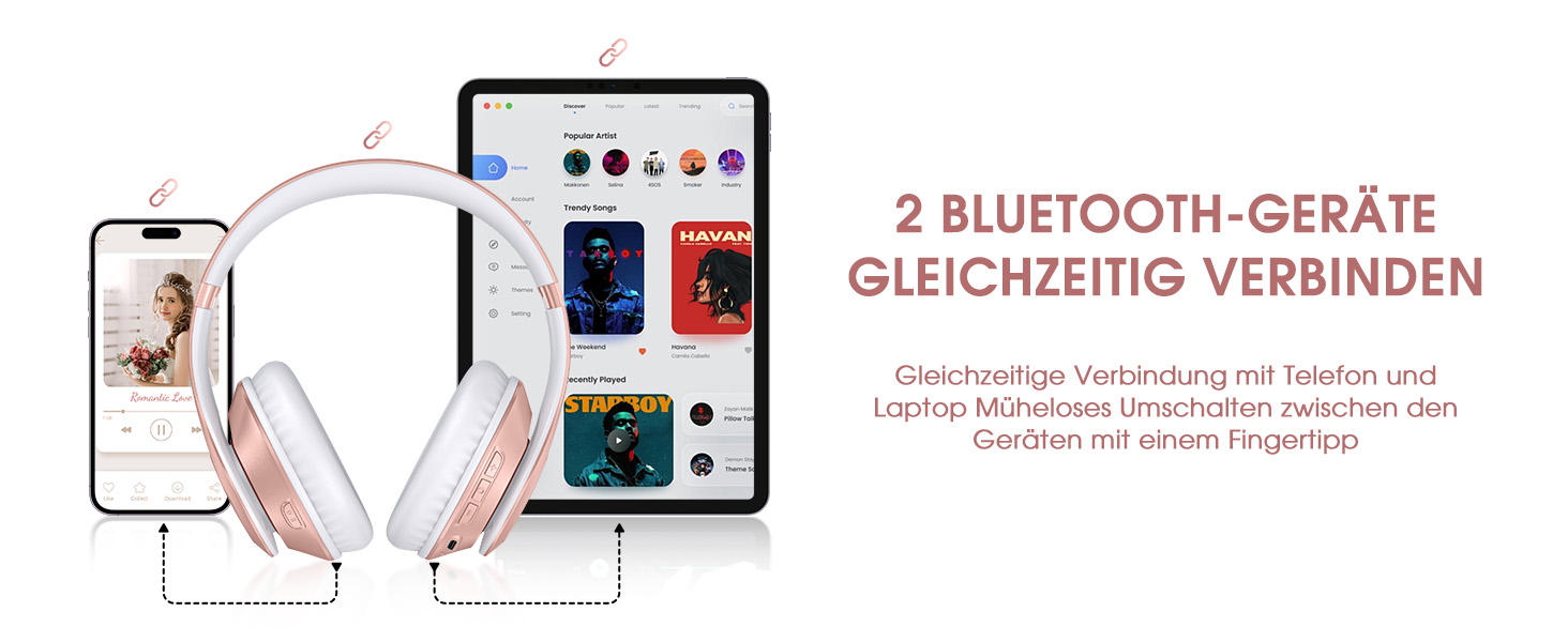 Бездротові навушники Uliptz Over-Ear Bluetooth з 65 годинами роботи, 6 EQ-режимів, HiFi стерео, складні, для подорожей/офісу/телефону/ПК (Рожеве золото)