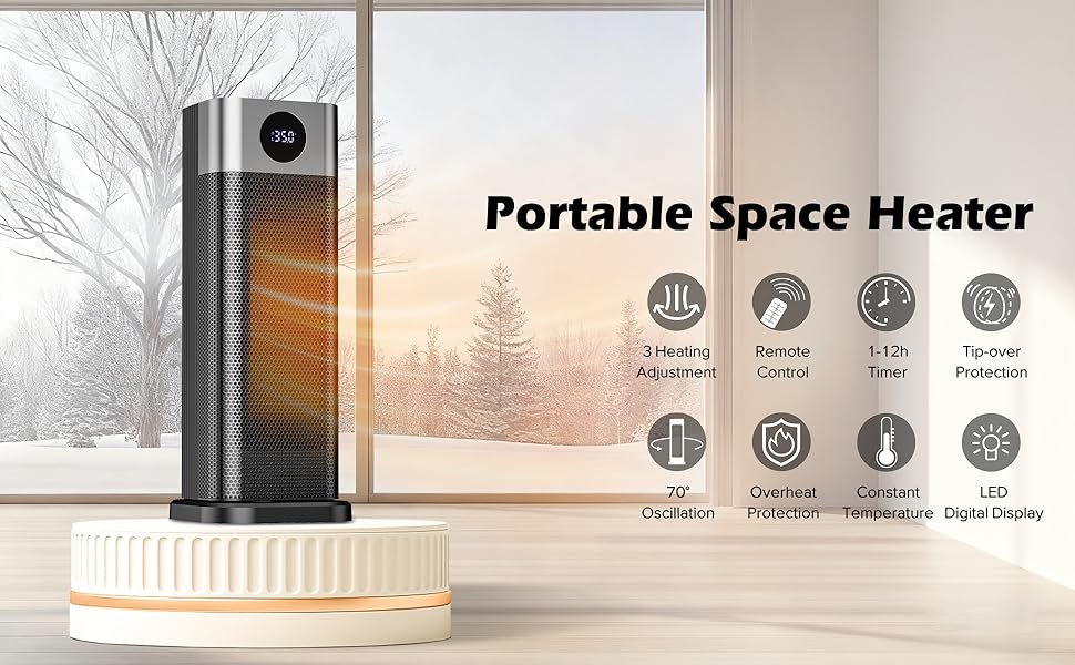 Електричний обігрівач PTC 2000W з термостатом, дистанційним керуванням, таймером та захистом від перегріву. Обігрівач для дому, офісу, спальні.