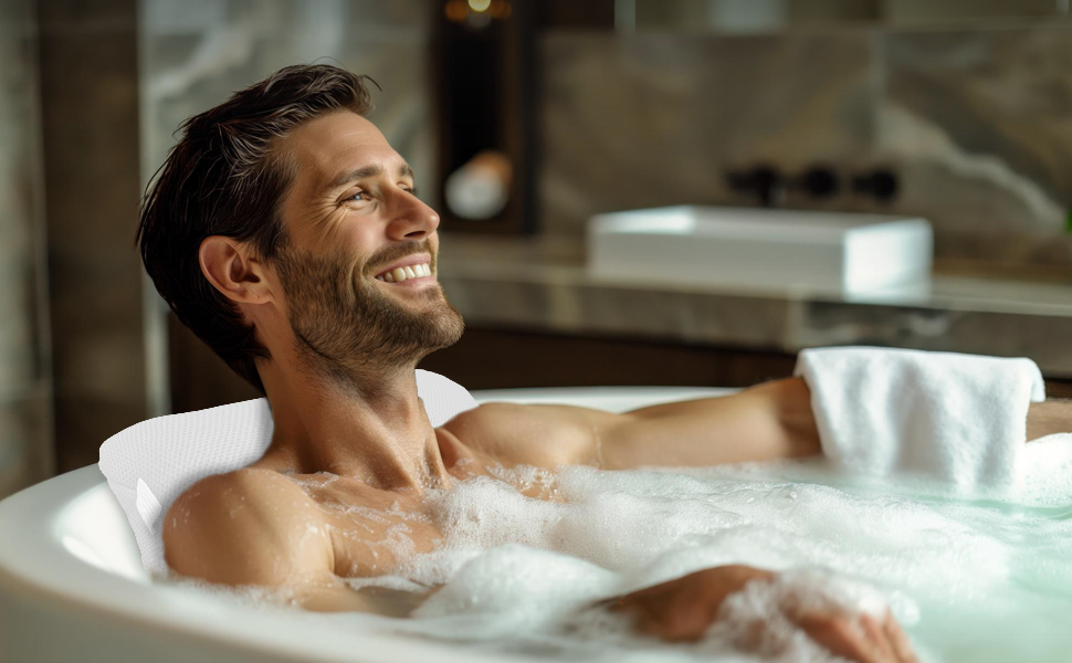 Подушка для ванни з сіткою для прання - Максимальний комфорт та розслаблення з технологією Air Mesh. Подушка для ванни з 4 міцними присосками. Підтримка шиї та голови (Біла)