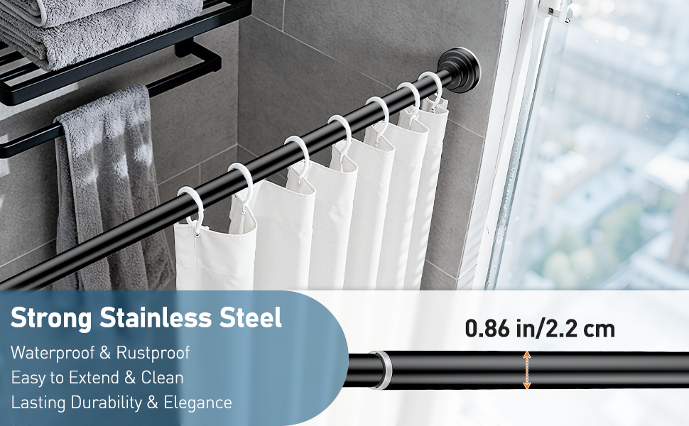 Штанга для душу Uniclife без свердління, 82–204 см, регульована, нержавіюча сталь, для ванної, вікна, шафи (чорна)