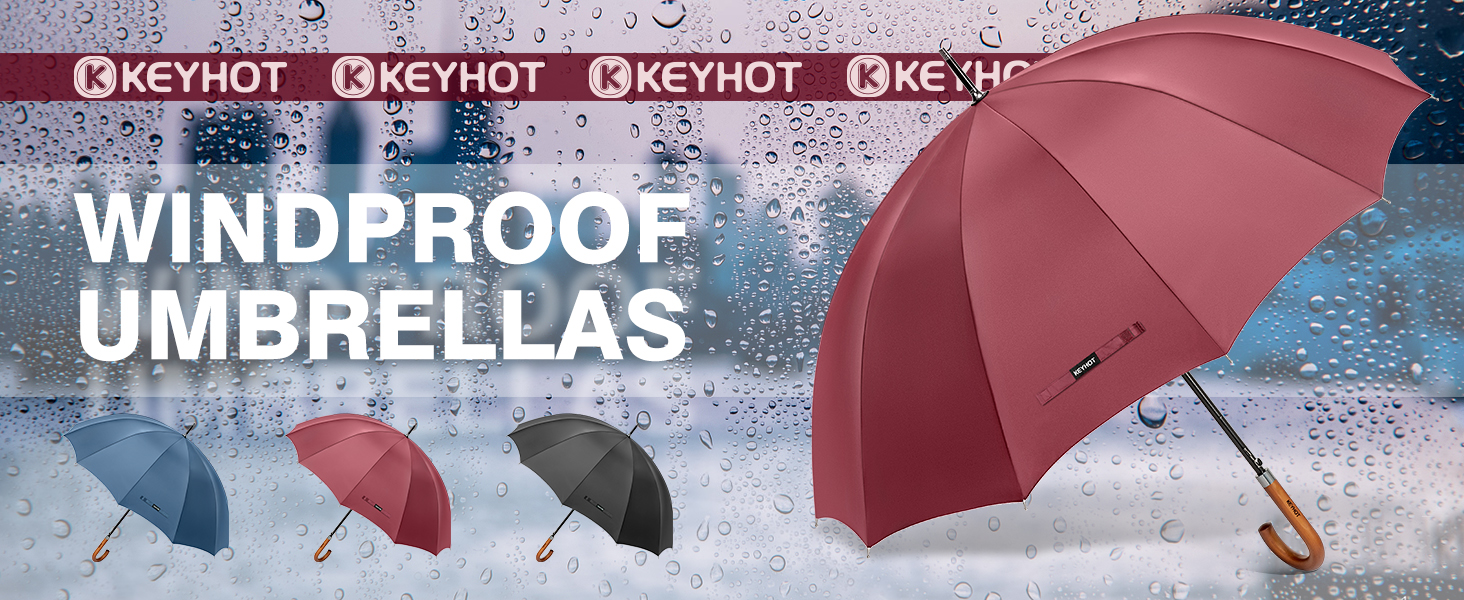 KEYHOT Windproof Umbrella - Large Stick Umbrella with Wooden Handle for Men & Women - 12 Ribs, XL - Burgundy, 118cm